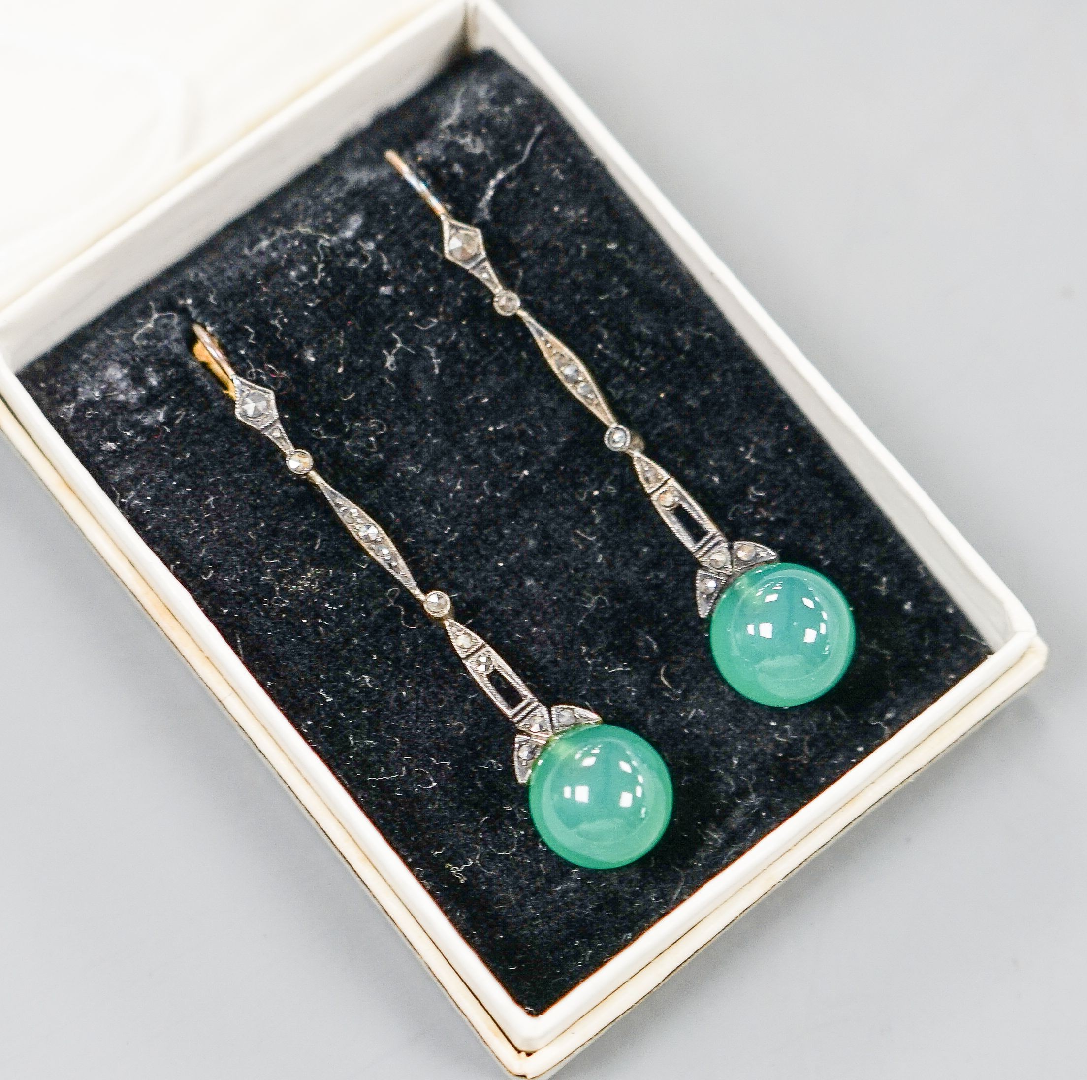 A pair of 1920's/1930's white metal, chrysoprase and marcasite set drop earrings, 52mm.